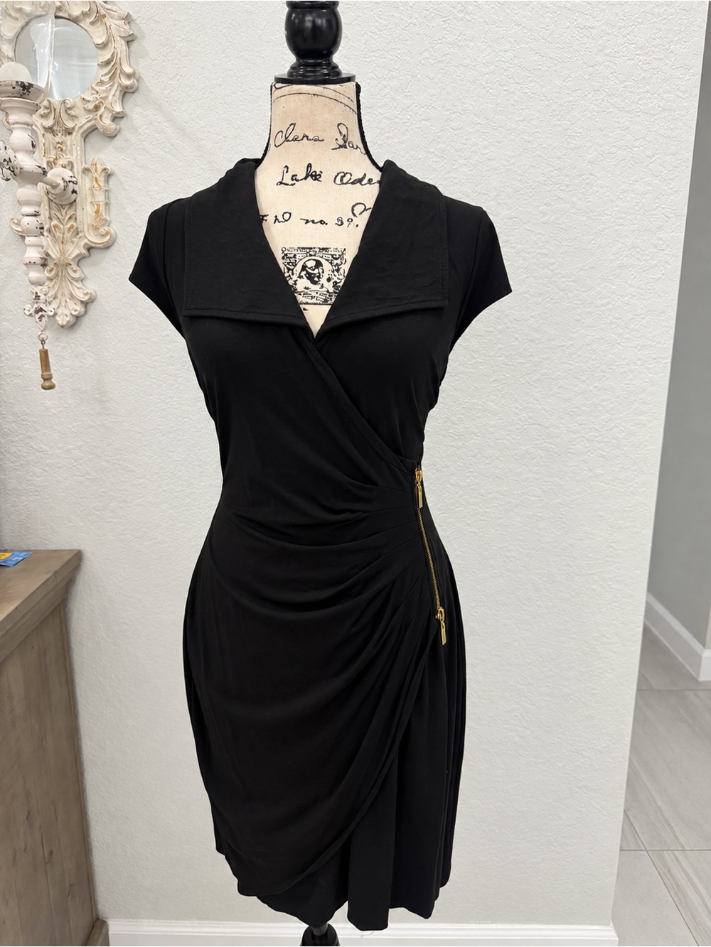 Cache Black Ruched Wrap Dress Gold Zipper Size L